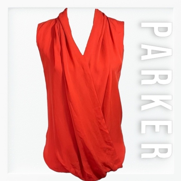 Parker Coral Red Drapped Front Sleeveless Blouse sz S - Picture 1 of 13